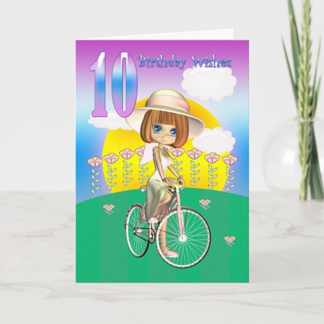 10th Birthday Card with little girl on bike (Front)