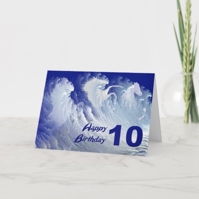 10th birthday card with wild white surf horses (Front)