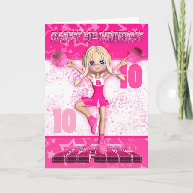 10th Birthday Cheerleader Dancing, Stars In Pink Card (Front)