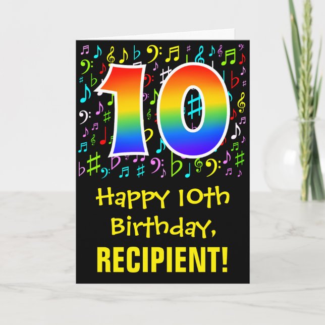 10th Birthday: Colorful Music Symbols + Rainbow 10 Card (Front)