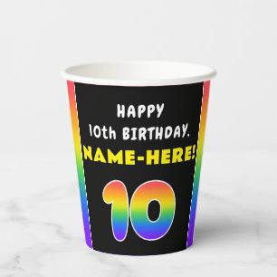 10th Birthday: Colorful Rainbow # 10, Custom Name Paper Cups