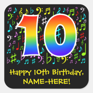 10th Birthday: Colourful Music Symbols, Rainbow 10 Square Sticker