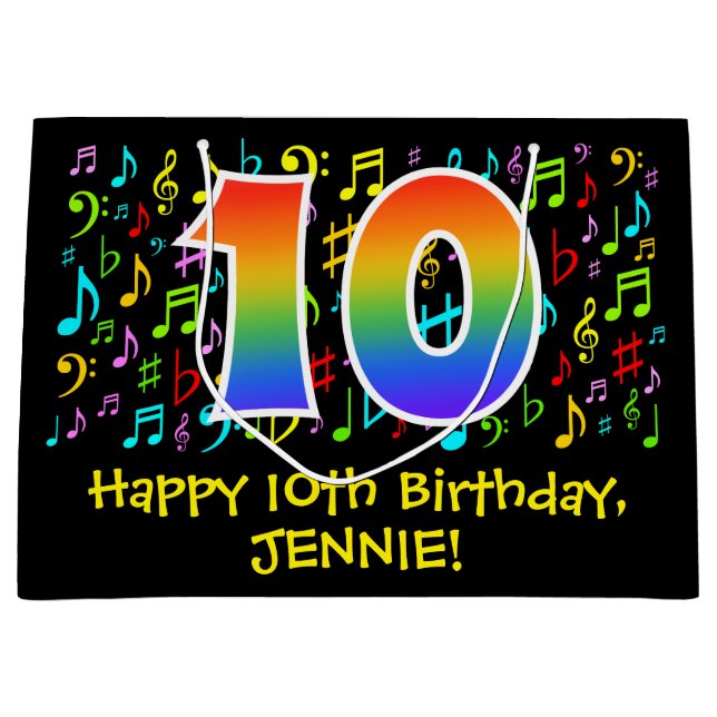 10th Birthday - Colourful Music Symbols, Rainbow 1 Large Gift Bag (Front)