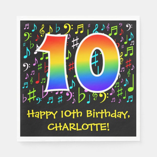 10th Birthday - Colourful Music Symbols, Rainbow 1 Napkin (Front)