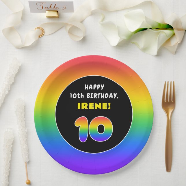 10th Birthday: Colourful Rainbow # 10, Custom Name Paper Plate (Wedding)