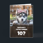 10th Birthday Cute and Funny Husky in a Tub Card<br><div class="desc">This delightful card features an adorable little husky with a surprised expression,  bringing a playful charm. It can be personalized for any age,  with this one specially designed for a 10th birthday.</div>