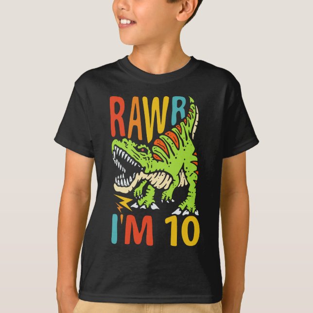 10th Birthday Dinosaur T Rex Rawr I'm 10 For Boys  T-Shirt (Front)