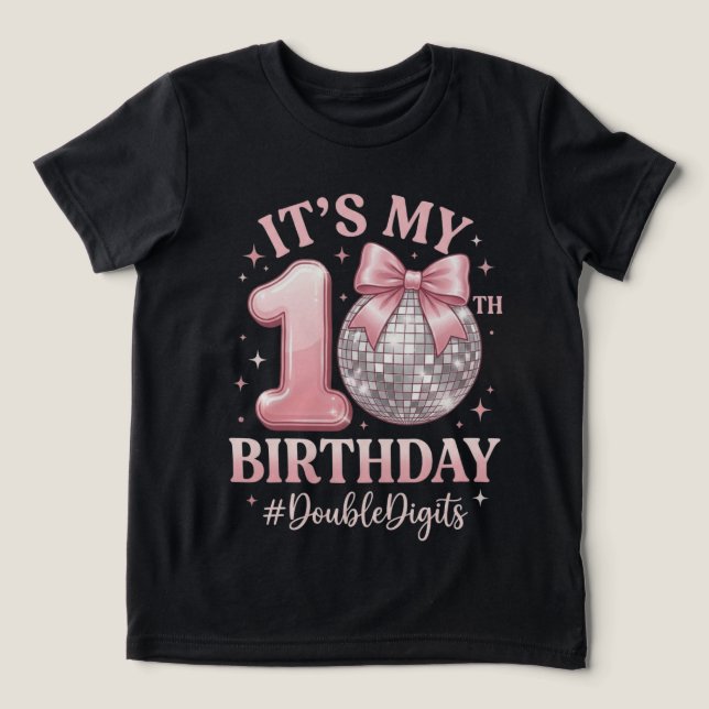10th Birthday Disco Ball Pink Bow Double Digits Tri-Blend Shirt (Design Front)