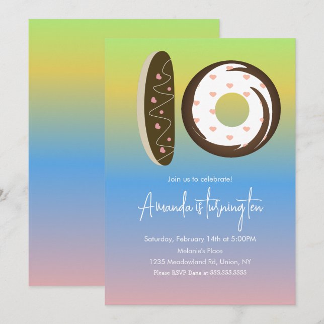 10th Birthday Doughnuts Rainbow Ombre Party Invitation (Front/Back)