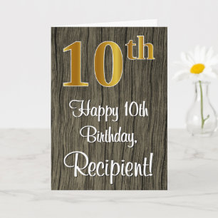 10th Birthday: Elegant Faux Gold Look #, Faux Wood Card