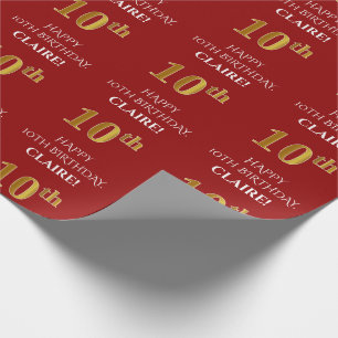 10th Birthday: Elegant, Red, Faux Gold Look Wrapping Paper