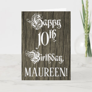 10th Birthday: Fancy, Elegant Text; Faux Wood Look Card