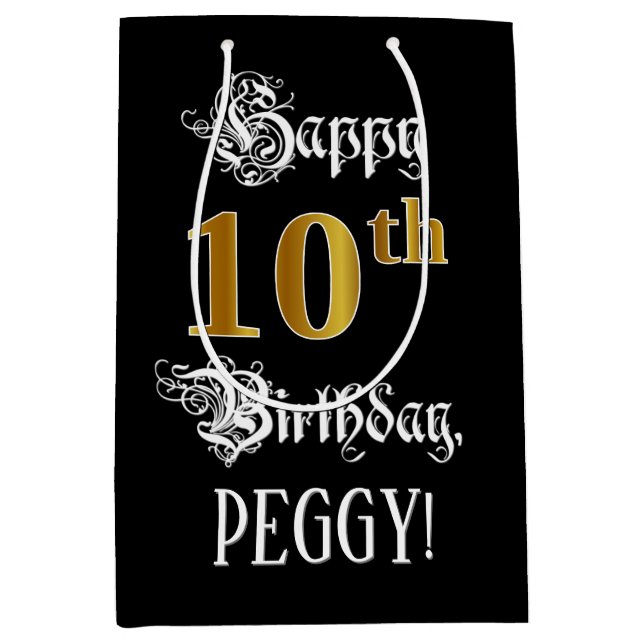 10th Birthday ~ Fancy Script; Faux Gold Look; Name Medium Gift Bag (Front)