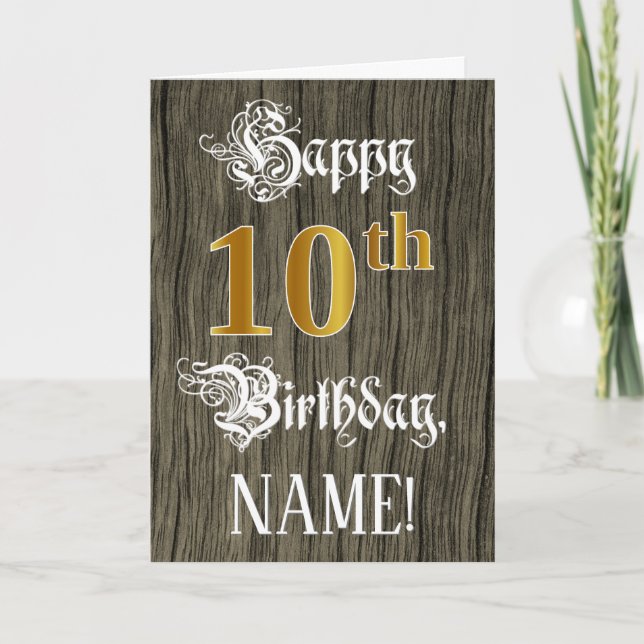 10th Birthday: Faux Gold Look + Faux Wood Pattern Card (Front)