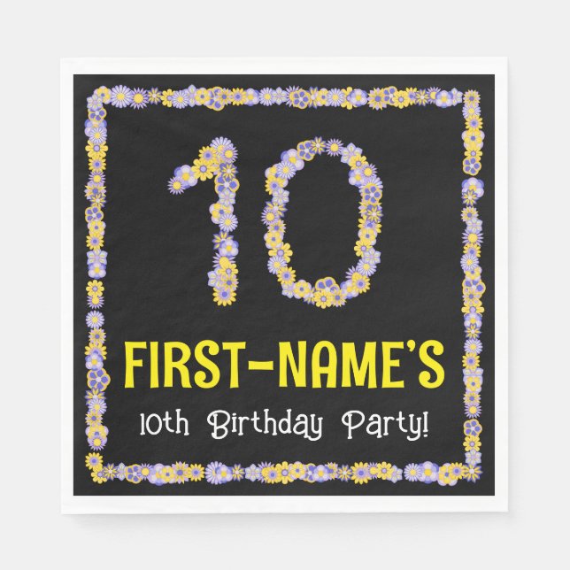 10th Birthday: Floral Flowers Number, Custom Name Napkin (Front)