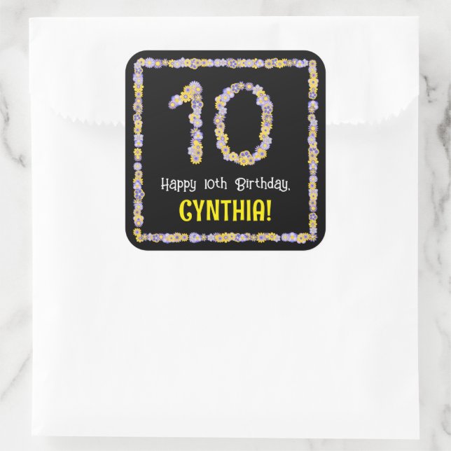 10th Birthday: Floral Flowers Number, Custom Name Square Sticker (Bag)