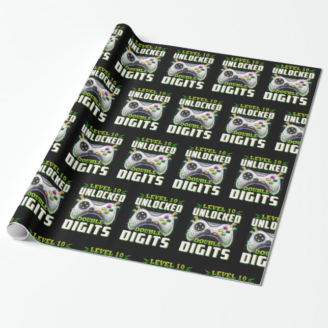 10th Birthday For Boys Double Digits Video Gamer Wrapping Paper (Unrolled)