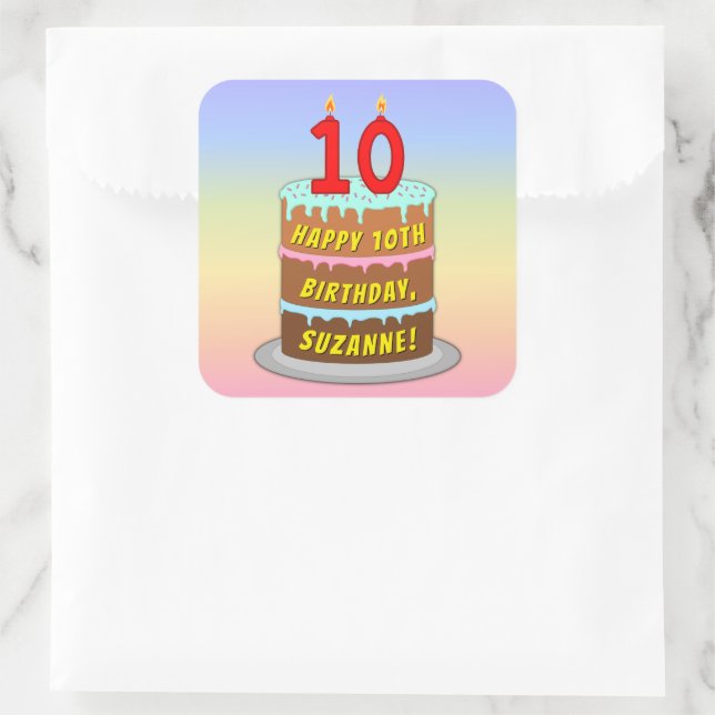 10th Birthday: Fun Cake and Candles + Custom Name Square Sticker (Bag)