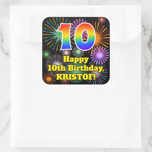 10th Birthday: Fun Fireworks Look, Rainbow # 10 Square Sticker (Bag)