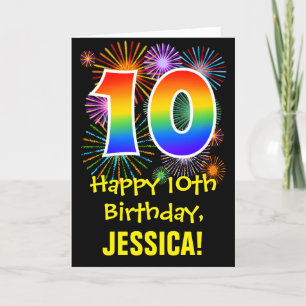 10th Birthday: Fun Fireworks Pattern + Rainbow 10 Card