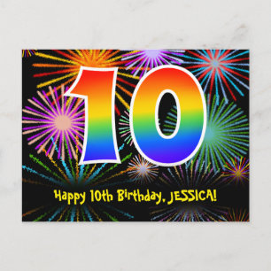 10th Birthday – Fun Fireworks Pattern + Rainbow 10 Postcard