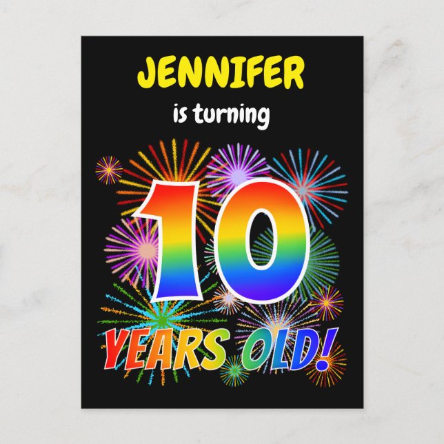 10th Birthday - Fun Fireworks, Rainbow Look "10" Postcard (Front)
