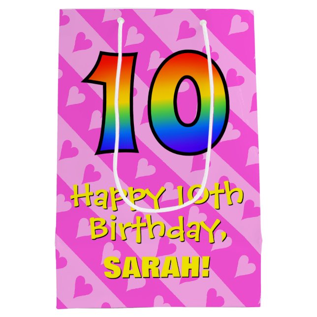 10th Birthday: Fun Pink Hearts Stripes; Rainbow 10 Medium Gift Bag (Back)