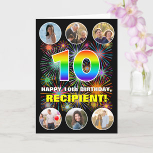 10th Birthday: Fun Rainbow #, Custom Name & Photos Card
