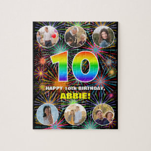 10th Birthday: Fun Rainbow #, Custom Name + Photos Jigsaw Puzzle