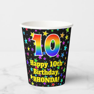 10th Birthday: Fun Stars Pattern and Rainbow 10 Paper Cups
