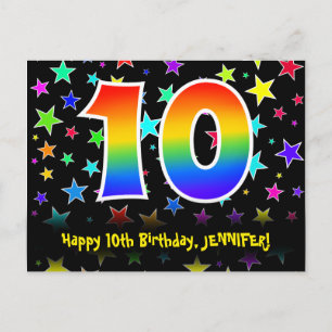 10th Birthday: Fun Stars Pattern, Rainbow 10, Name Postcard