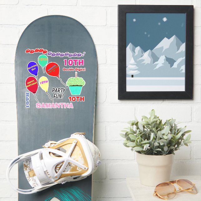 10th Birthday Girl Balloons Cupcake Vinyl (Snowboard)