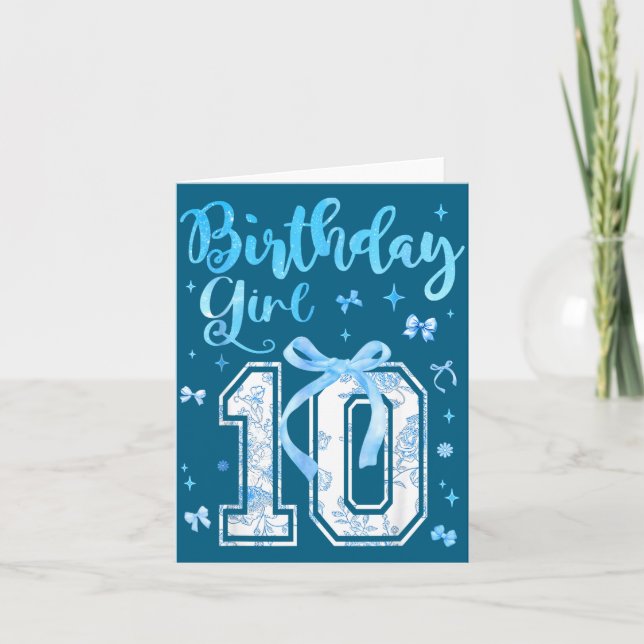 10th Birthday Girl Blue Toile Coquette Bow 10 Year Card (Front)