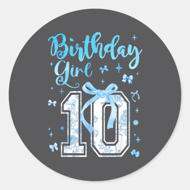 10th Birthday Girl Blue Toile Coquette Bow 10 Year Classic Round Sticker (Front)