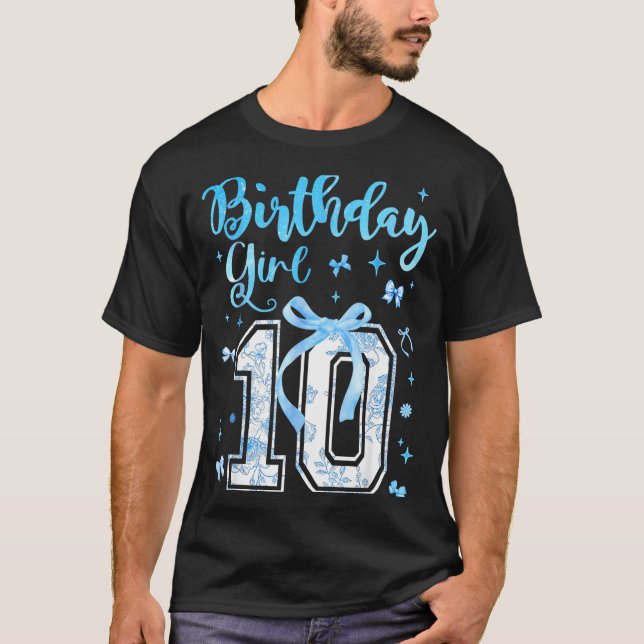 10th Birthday Girl Blue Toile Coquette Bow 10 Year T-Shirt (Front)