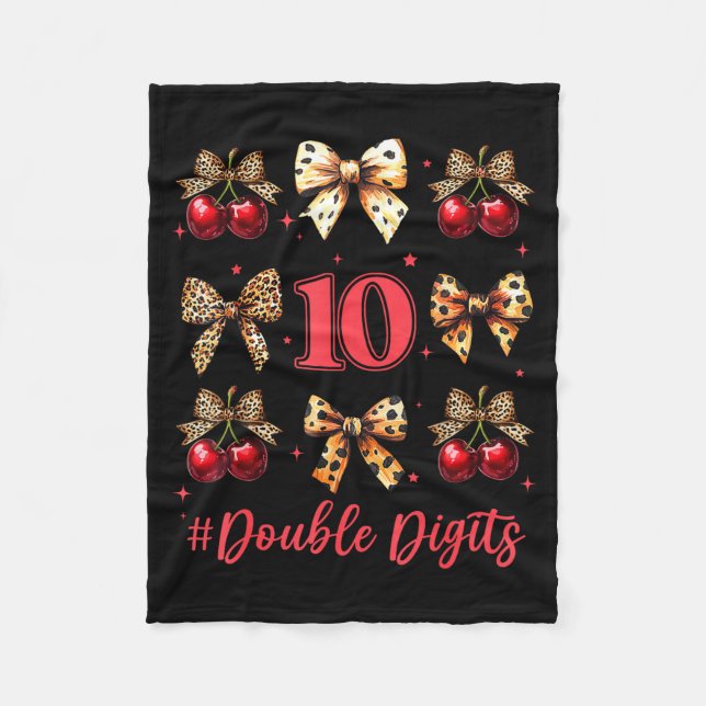 10th Birthday Girl Cherry Leopard Coquette Bow 10  Fleece Blanket (Front)