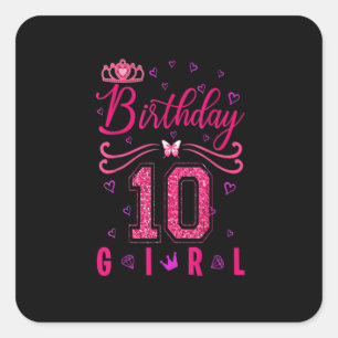 10th Birthday Girl Cute Crown Butterfly Square Sticker