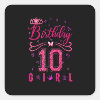 10th Birthday Girl Cute Crown Butterfly Square Sticker