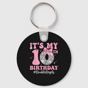 10th birthday girl double digits bow disco ball10t key ring