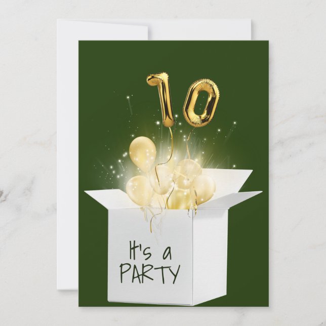 10th Birthday Gold Balloons In White Box Invitation (Front)