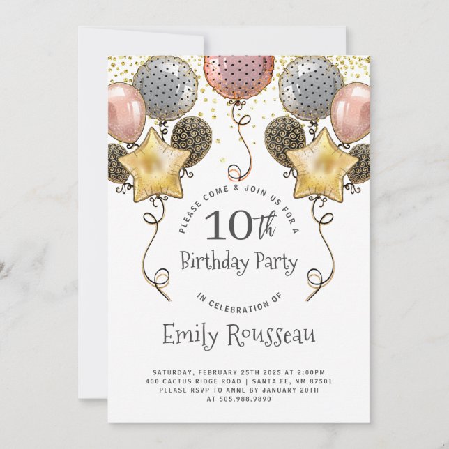 10th Birthday Gold Glitter Confetti Balloons Black Invitation (Front)