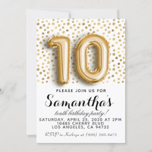 10th Birthday Gold Polkadot Invitation