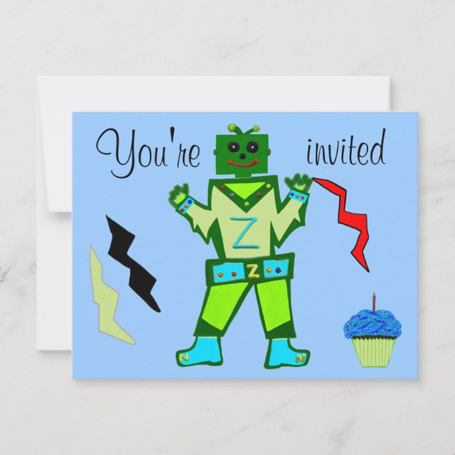 10th Birthday Green Robot Boy and Spaceship Stars Invitation (Front)