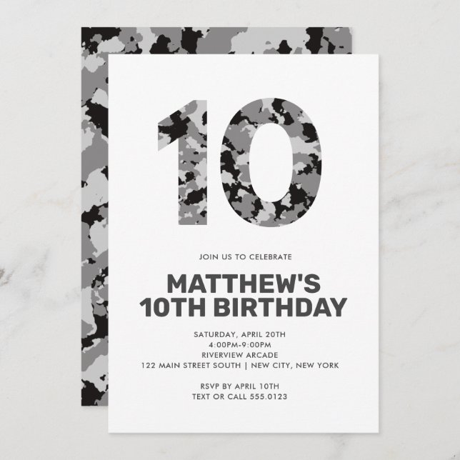 10TH Birthday, Grey Camo Personalised Party Invitation (Front/Back)
