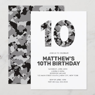 10TH Birthday, Grey Camo Personalised Party Invitation