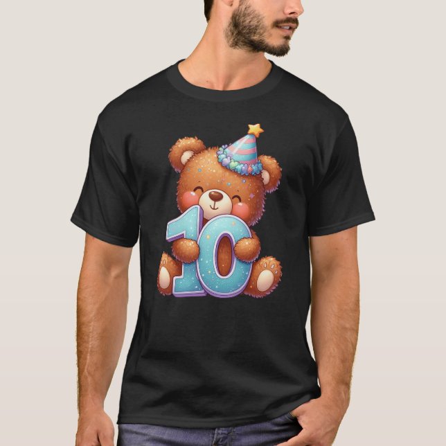 10th Birthday Happy Birthday Brown Teddy Bear T-Shirt (Front)