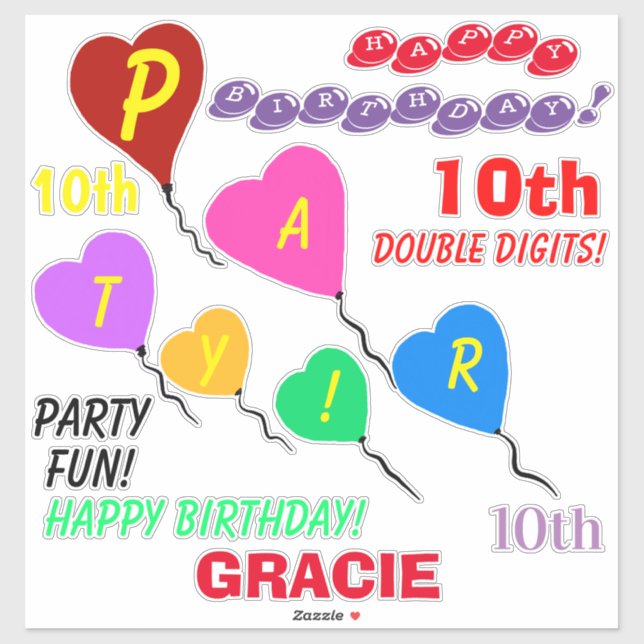10th Birthday Heart Balloons Personalised Vinyl (Sheet)