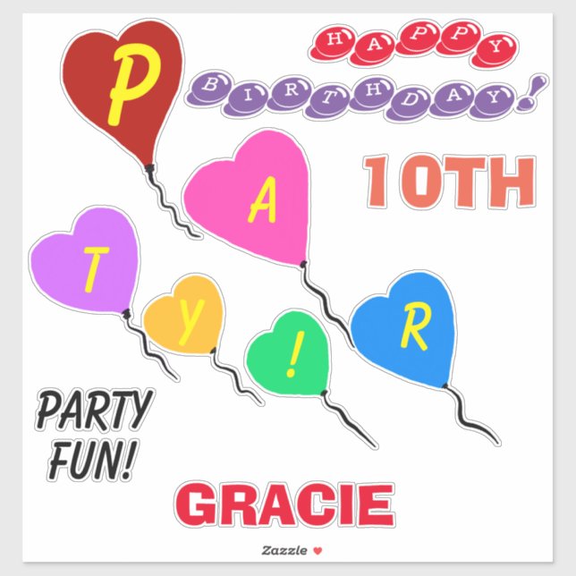 10th Birthday Heart Balloons Personalised Vinyl (Sheet)