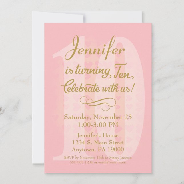 10th Birthday Invitation Girls Pink Gold Hearts (Front)