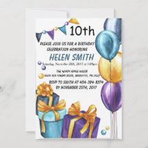 10th Birthday Invitation Gold Glitter